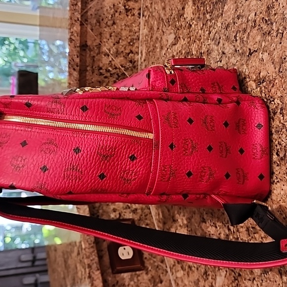 MCM Red Visetos Stark Studded Medium Backpack - Picture 6 of 17